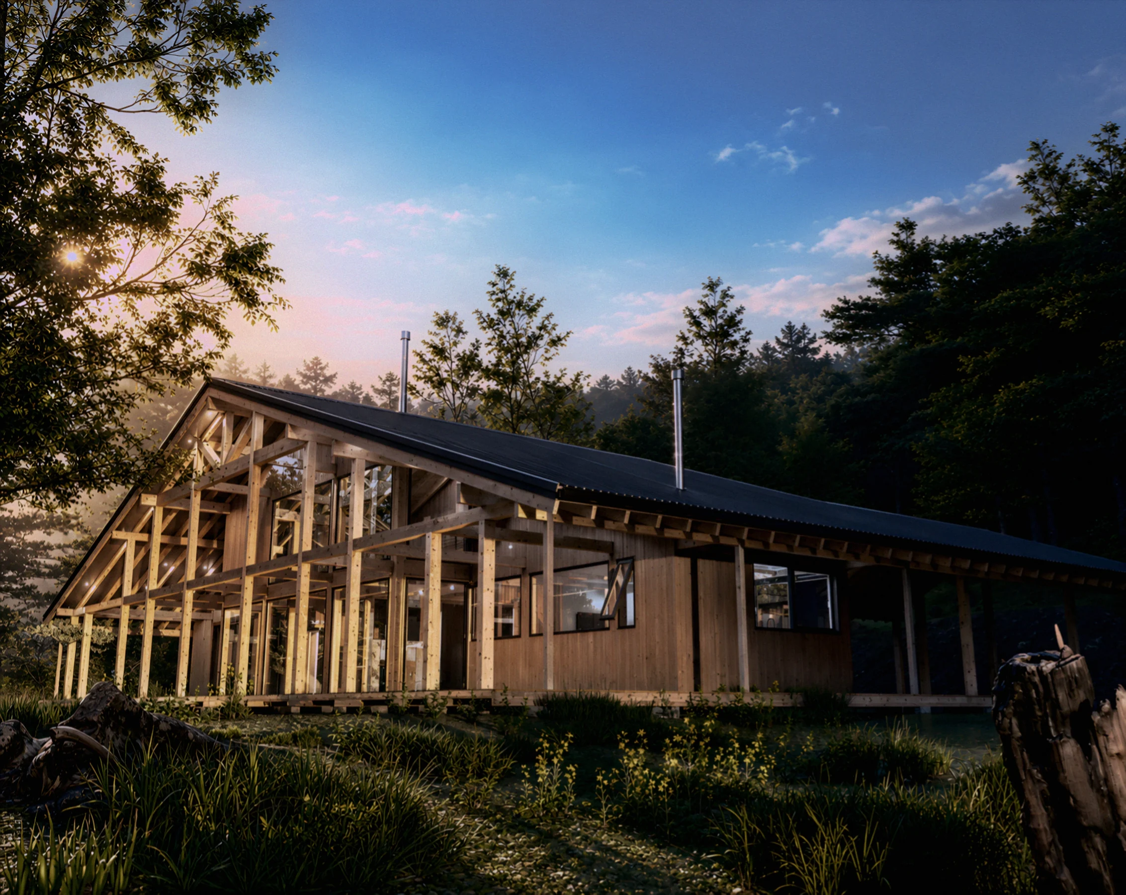 Fachada de Casa Austral al atardecer