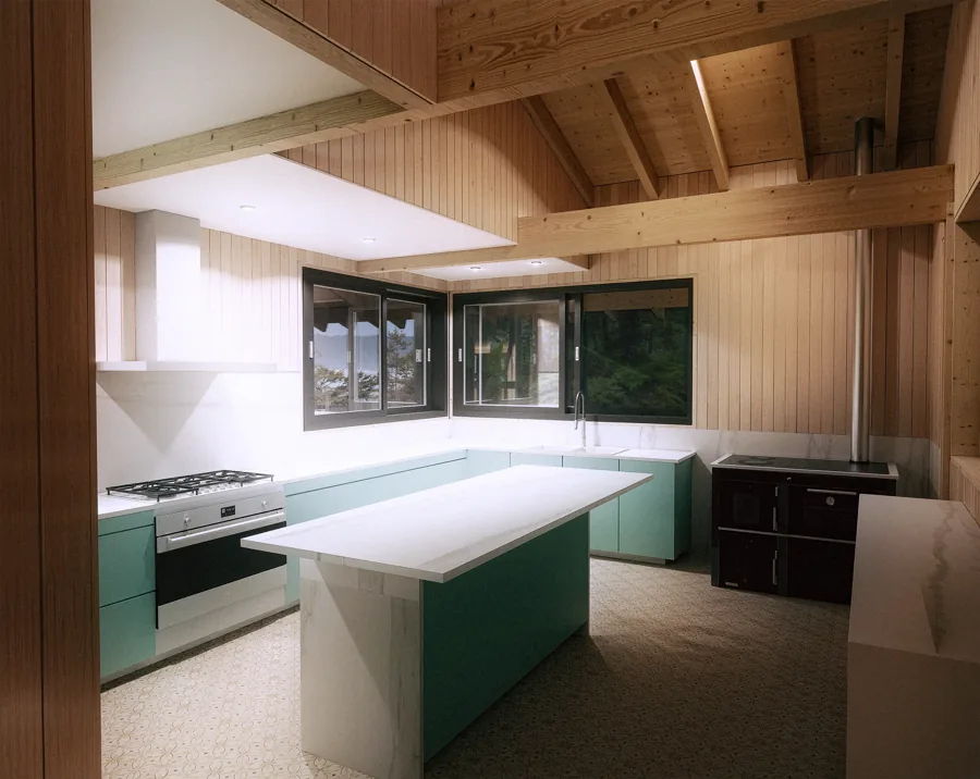 Cocina de Casa Austral, con isla y mobiliario verde