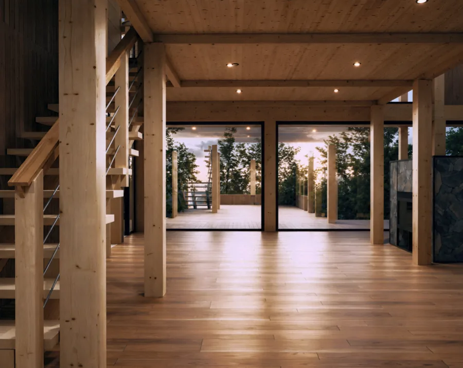 Espacio interior abierto entre pilares y vigas de madera