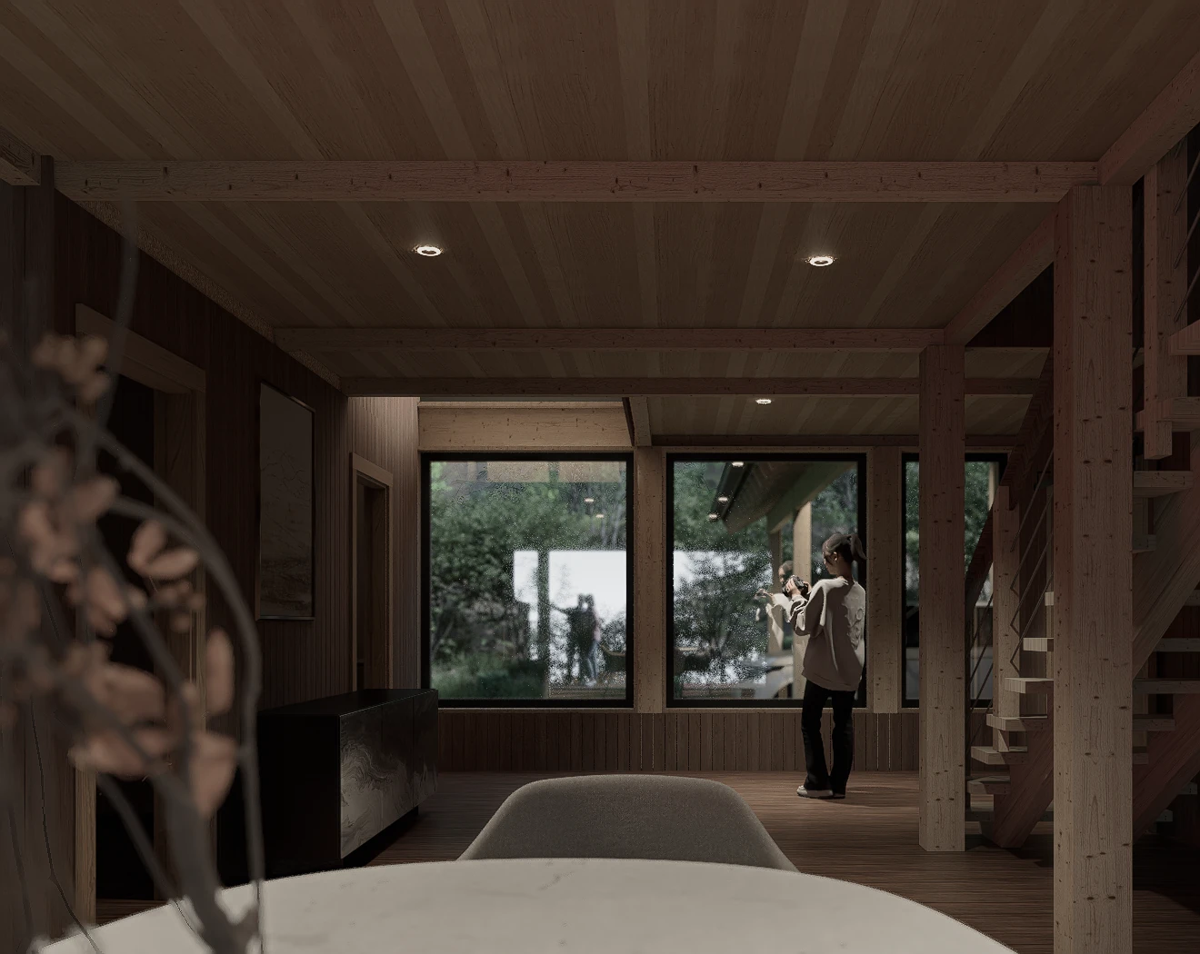Interior de madera con una persona junto a la ventana