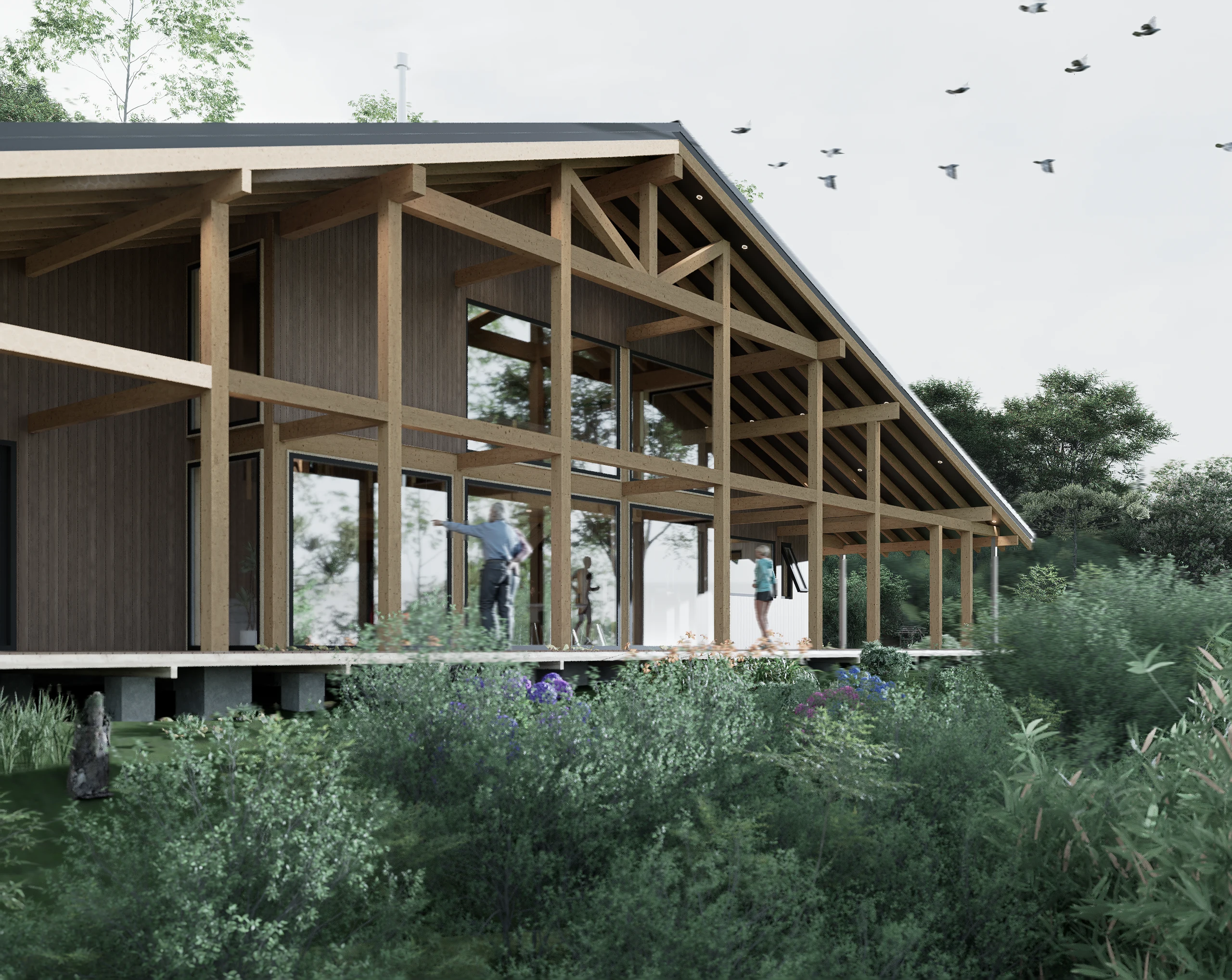 Casa Austral rodeada por un paisaje de bosque